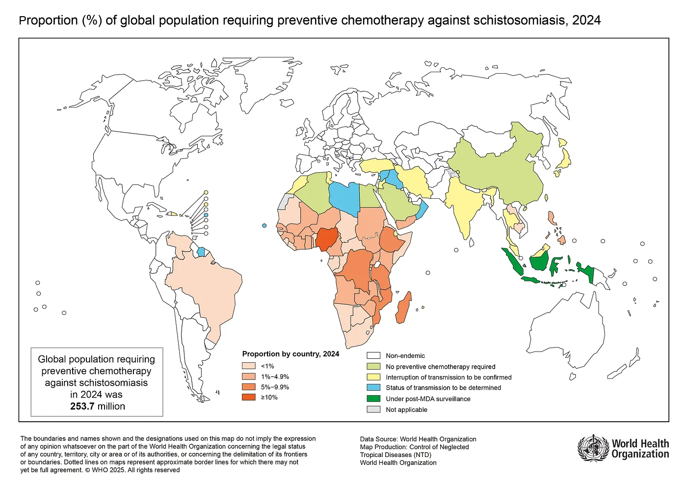 Figure 2: A map of the distribution of schistosomiasis in 2024, as represented by the proportion of a country's population that requires praziquantel treatment (i.e., preventative chemotherapy). Praziquantel is referred to as "preventative chemotherapy" because it clears people of the worm infection, thereby preventing schistosomiasis disease. (Source: [World Health Organization](https://www.who.int/images/default-source/maps/schistosomiasis_2024.png?sfvrsn=ee49dd06_1)).